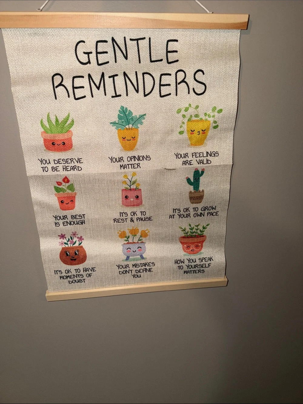 Gentle Reminders Wall Hanging - Neutral Canvas with Colorful Plant Pots
